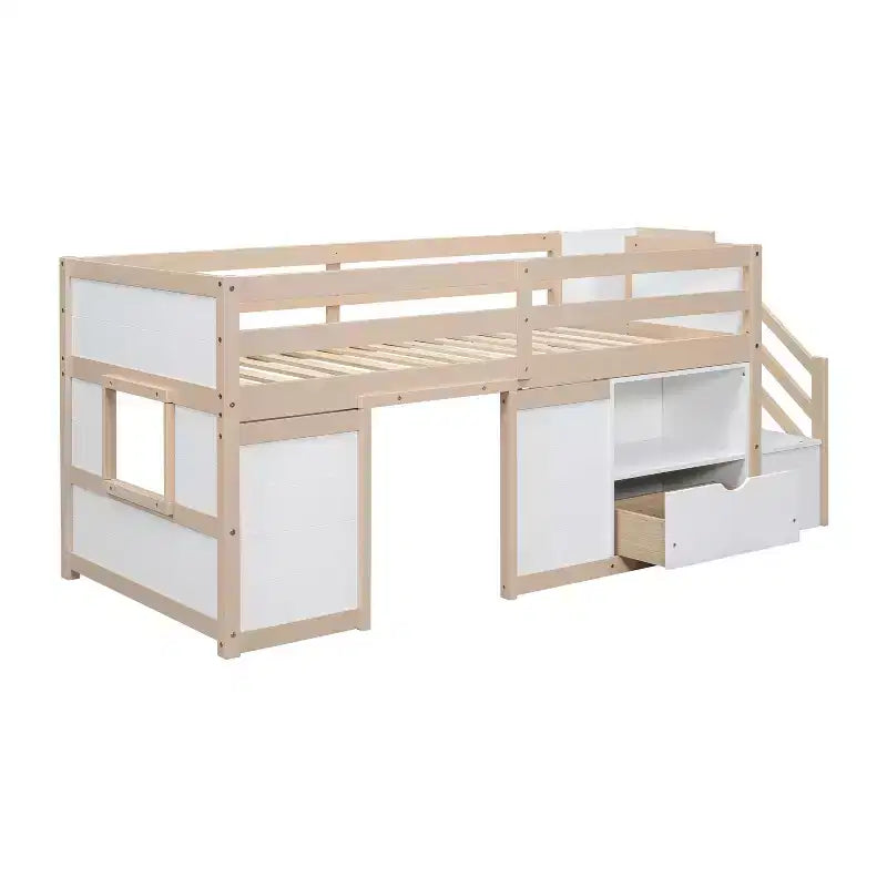 Okak Solid Wood Twin Loft Bed with Stairs & Storage,Low Profile Bunk Beds Twin with Drawers & Shelves,Multi-Functional Loft Beds for Kids,Teens