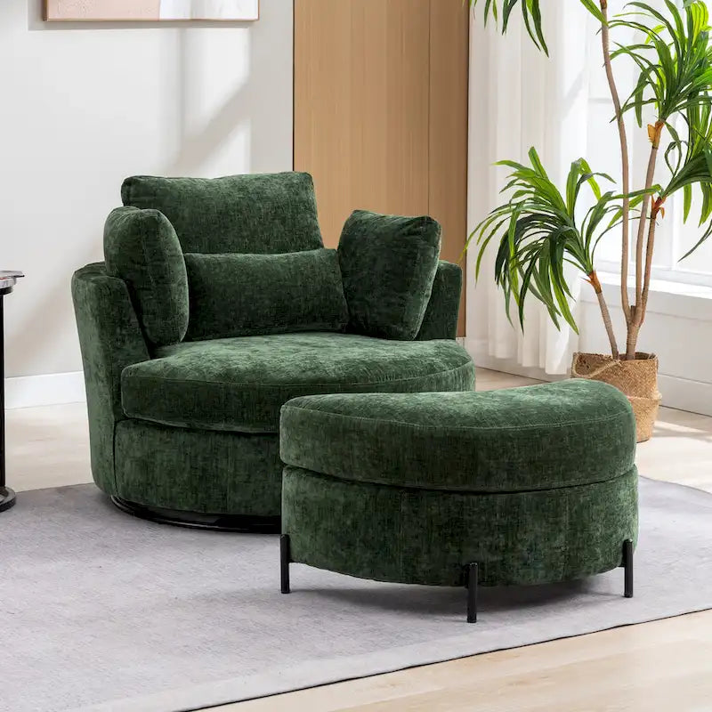 42.3W Upholstered Swivel Accent Chair with 4 Pillows and Half-Moon Storage Ottoman