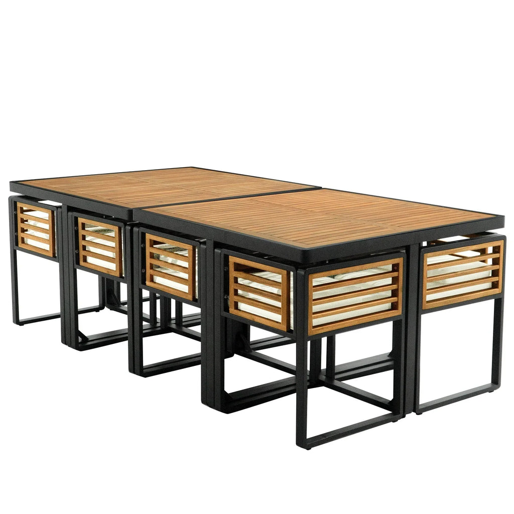 18-Pieces Acacia Wood Patio Dining Set, 8 Cushioned Chairs & 8 Ottomans & 2 Square Table