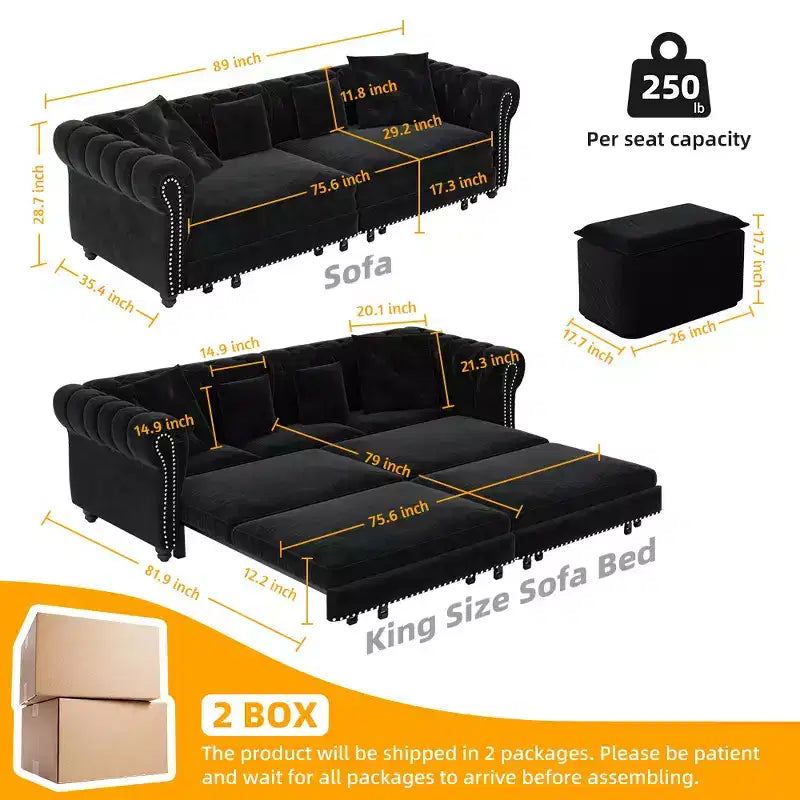 Whisen Velvet 3-in-1 King Size Pull-Out Sofa Bed & Convertible Sleeper Sofa with Movable Ottoman, Tufted Design