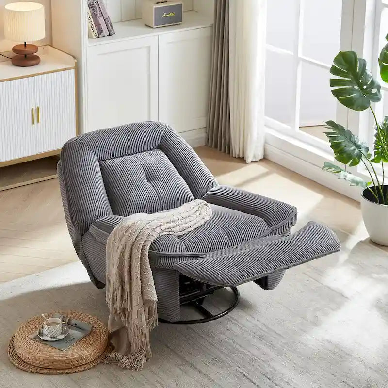 Corduroy Swivel Glider Recliner, Footrest for Living Room