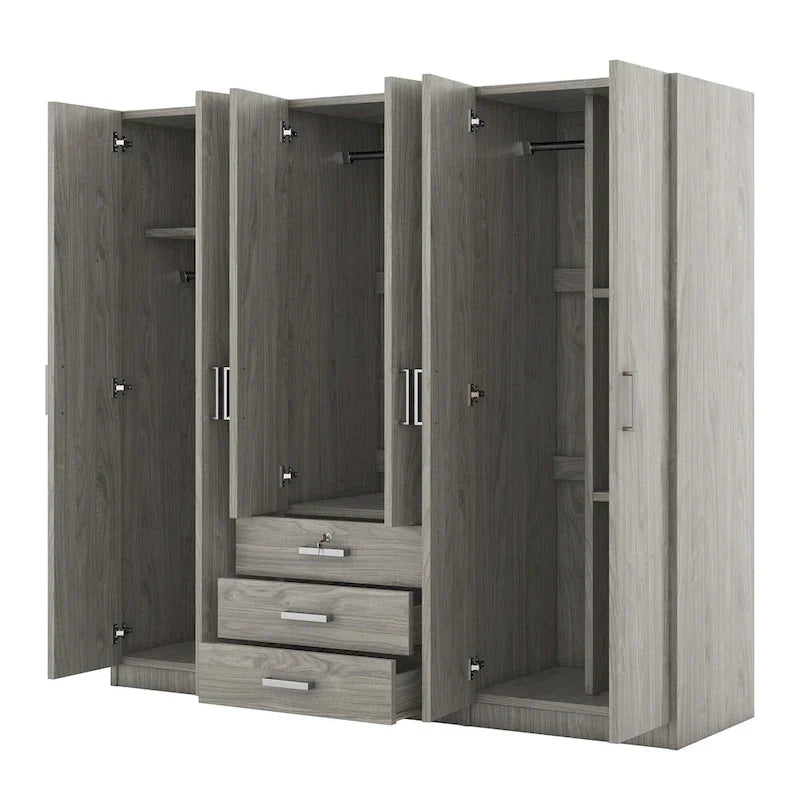 6-Doors Wooden Wardrobe Storage with 3 Big Drawers for Bedroom