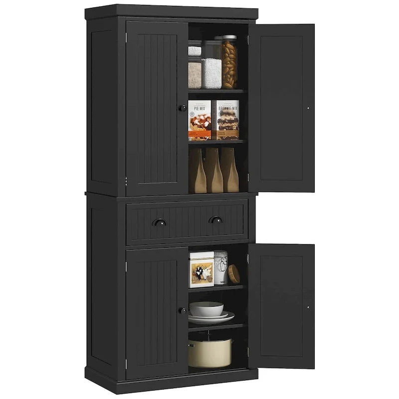 72 Kitchen Pantry Storage Cabinet, Traditional Freestanding Cabinet with 4 Doors and 3 Adjustable Shelves, Large Central Drawer