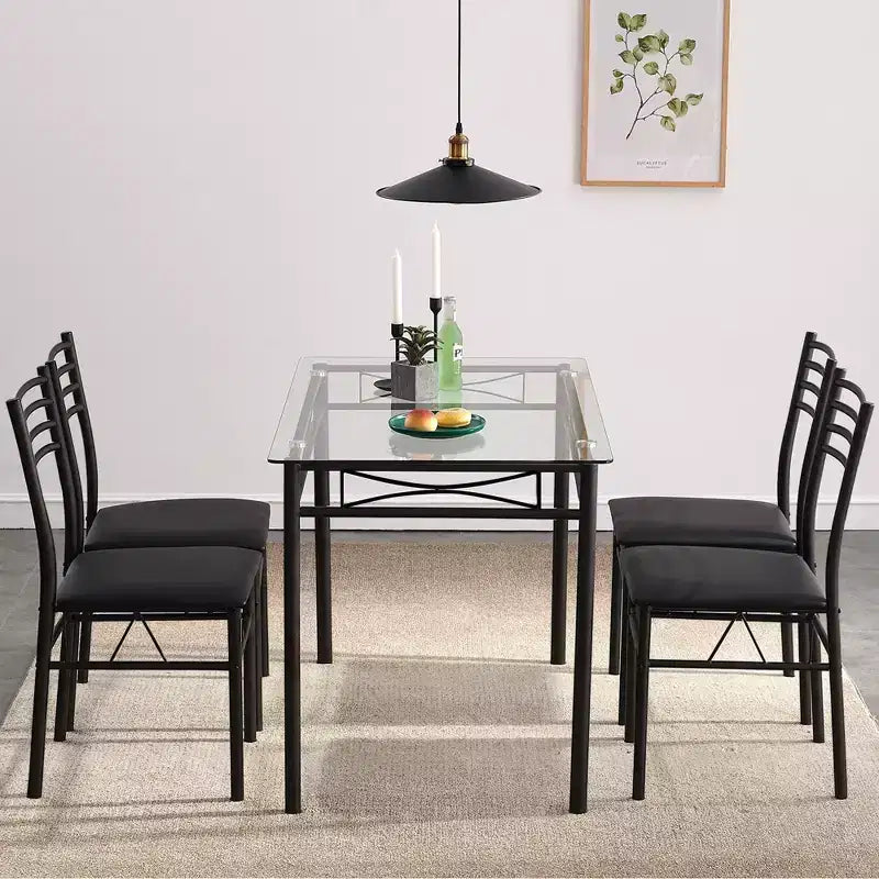 VECELO 5 Piece Dining Table Set with Glass Top Table & 4 Upholstered Chairs, Kitchen Rectangular Table Set Brown/Black