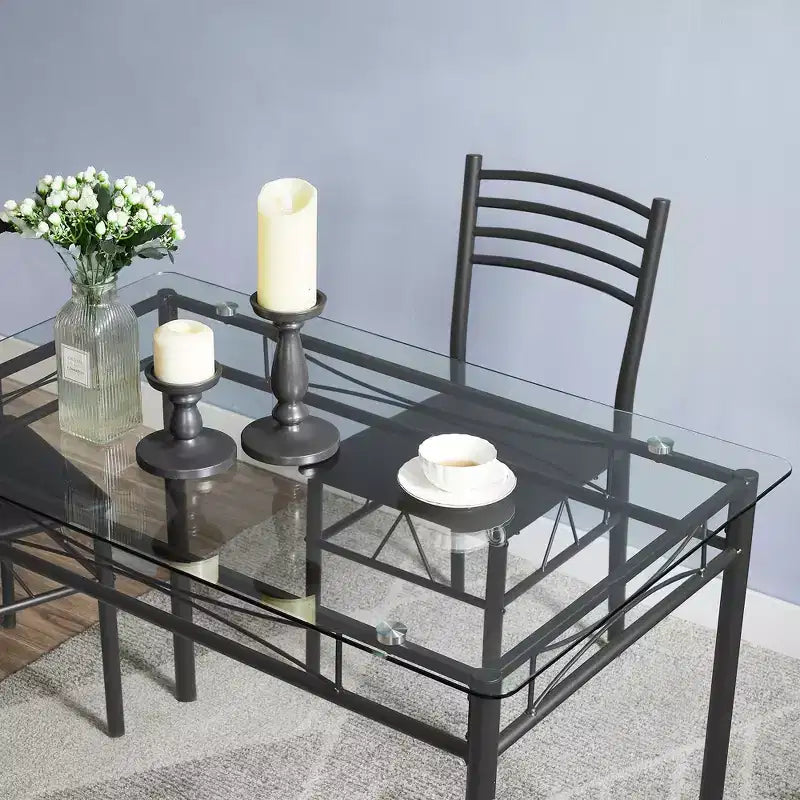 VECELO 5 Piece Dining Table Set with Glass Top Table & 4 Upholstered Chairs, Kitchen Rectangular Table Set Brown/Black