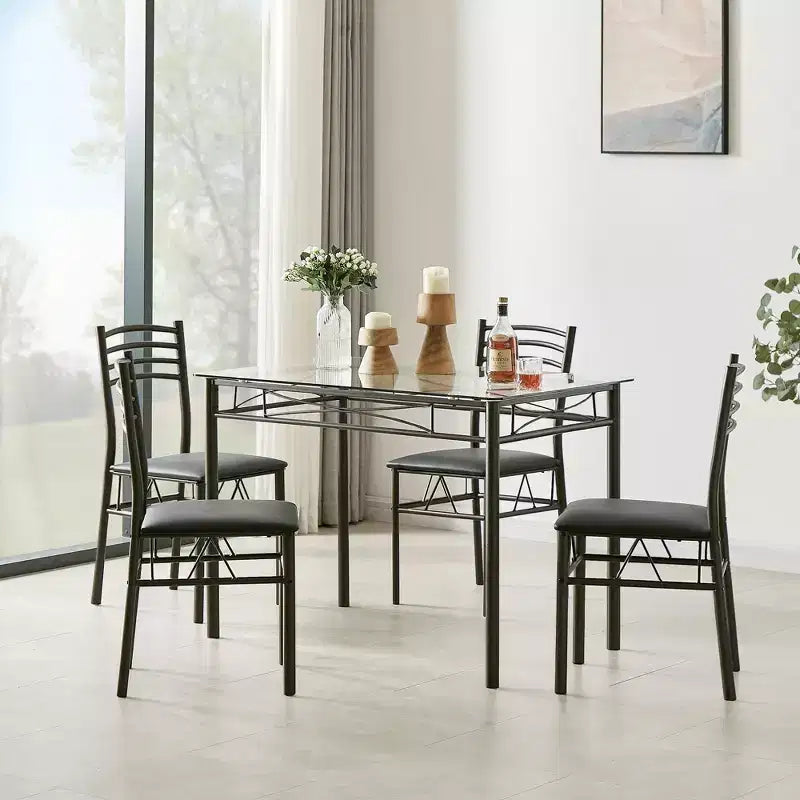 VECELO 5 Piece Dining Table Set with Glass Top Table & 4 Upholstered Chairs, Kitchen Rectangular Table Set Brown/Black