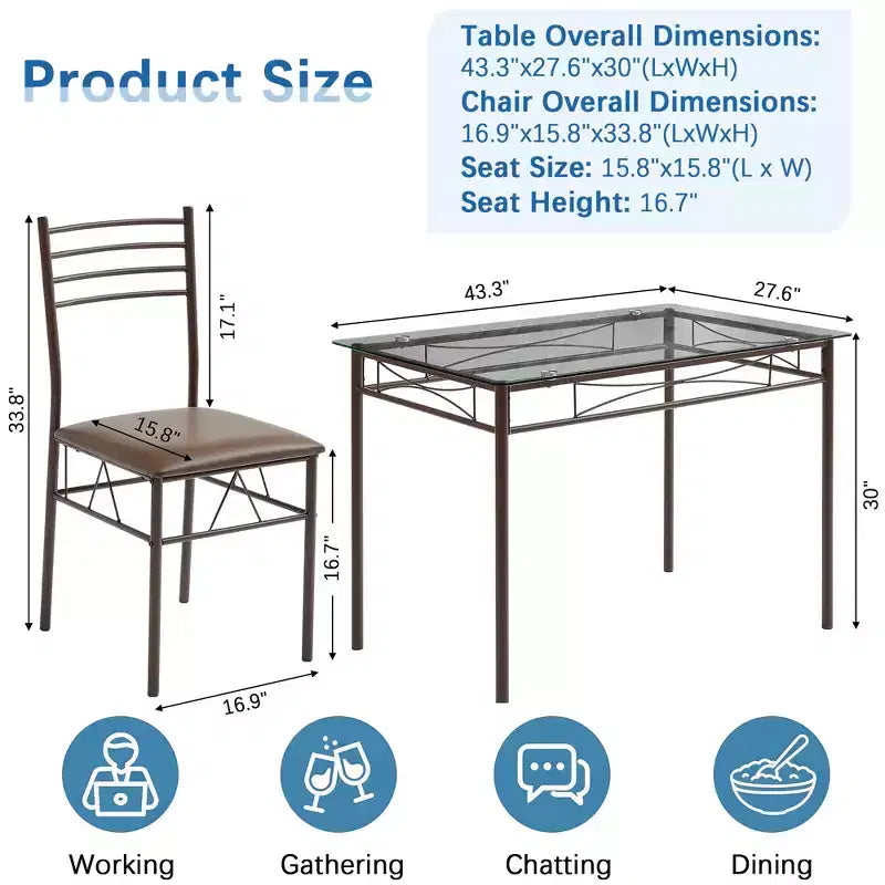 VECELO 5 Piece Dining Table Set with Glass Top Table & 4 Upholstered Chairs, Kitchen Rectangular Table Set Brown/Black
