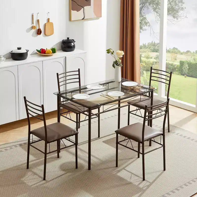 VECELO 5 Piece Dining Table Set with Glass Top Table & 4 Upholstered Chairs, Kitchen Rectangular Table Set Brown/Black