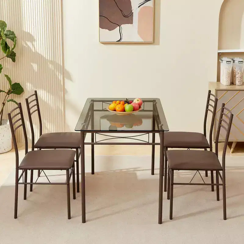 VECELO 5 Piece Dining Table Set with Glass Top Table & 4 Upholstered Chairs, Kitchen Rectangular Table Set Brown/Black