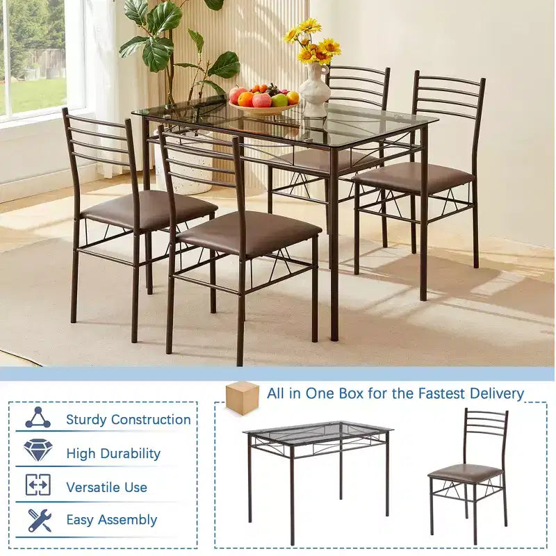 VECELO 5 Piece Dining Table Set with Glass Top Table & 4 Upholstered Chairs, Kitchen Rectangular Table Set Brown/Black