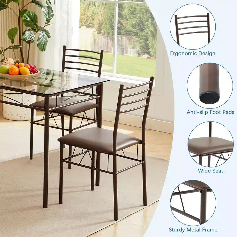 VECELO 5 Piece Dining Table Set with Glass Top Table & 4 Upholstered Chairs, Kitchen Rectangular Table Set Brown/Black