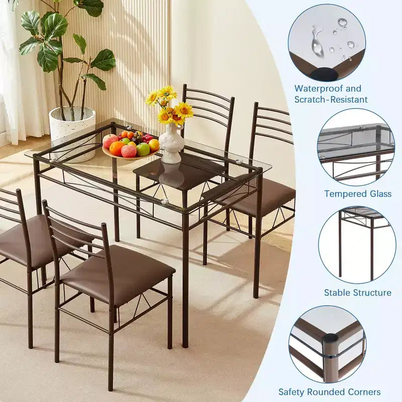 VECELO 5 Piece Dining Table Set with Glass Top Table & 4 Upholstered Chairs, Kitchen Rectangular Table Set Brown/Black