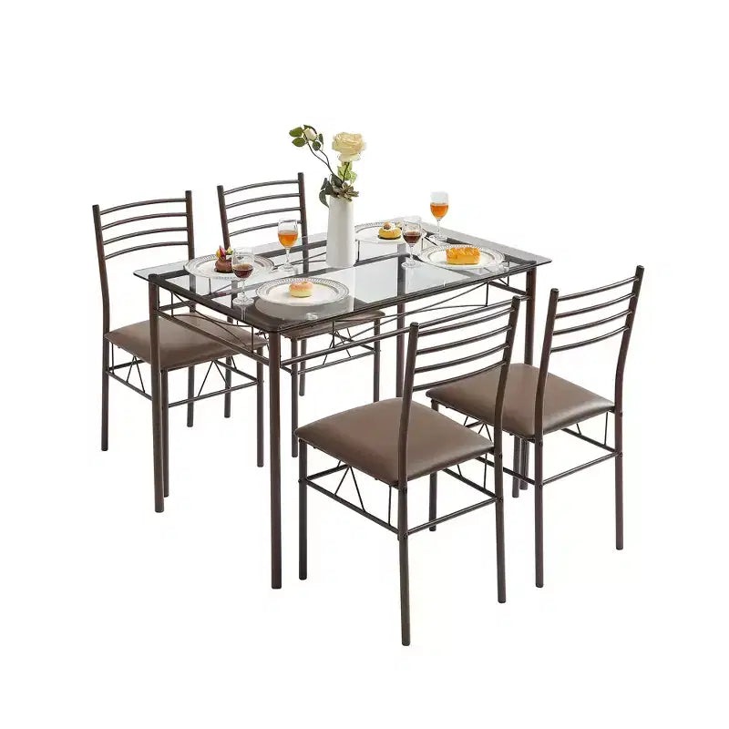 VECELO 5 Piece Dining Table Set with Glass Top Table & 4 Upholstered Chairs, Kitchen Rectangular Table Set Brown/Black