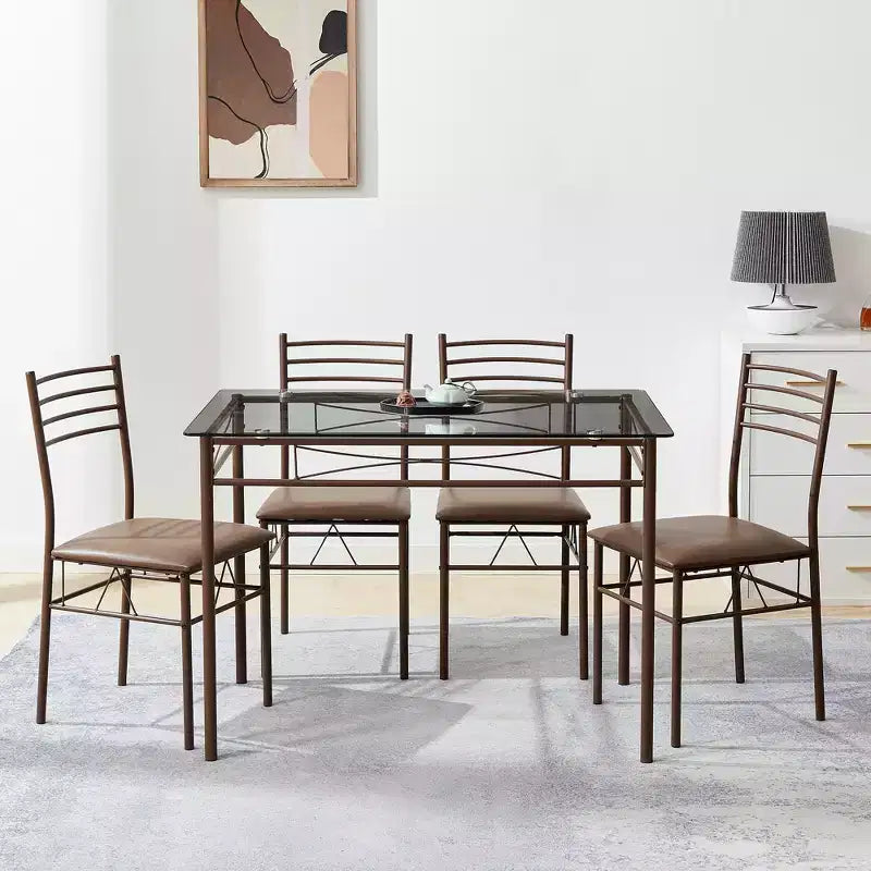 VECELO 5 Piece Dining Table Set with Glass Top Table & 4 Upholstered Chairs, Kitchen Rectangular Table Set Brown/Black