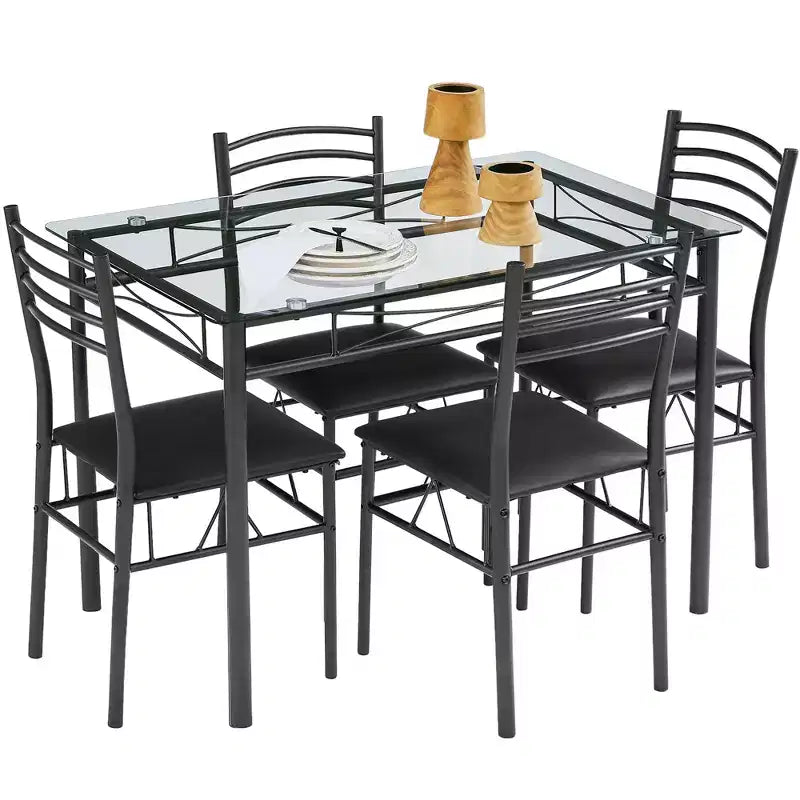 VECELO 5 Piece Dining Table Set with Glass Top Table & 4 Upholstered Chairs, Kitchen Rectangular Table Set Brown/Black