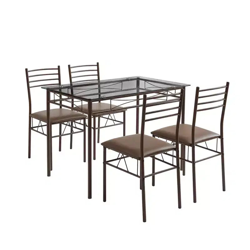 VECELO 5 Piece Dining Table Set with Glass Top Table & 4 Upholstered Chairs, Kitchen Rectangular Table Set Brown/Black