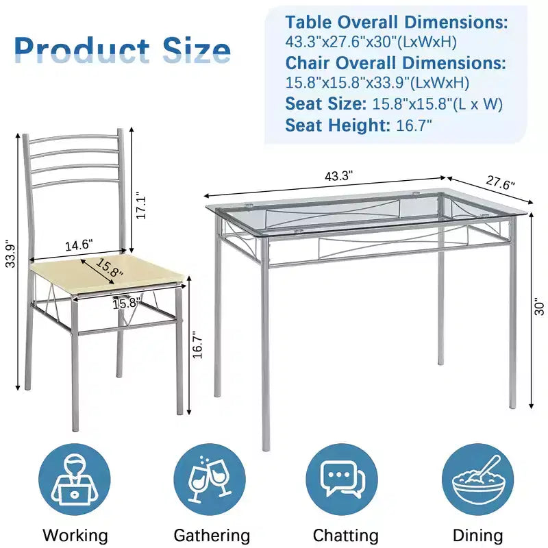 VECELO 5 Piece Dining Table Set with Glass Top Table & 4 Upholstered Chairs, Kitchen Rectangular Table Set Brown/Black