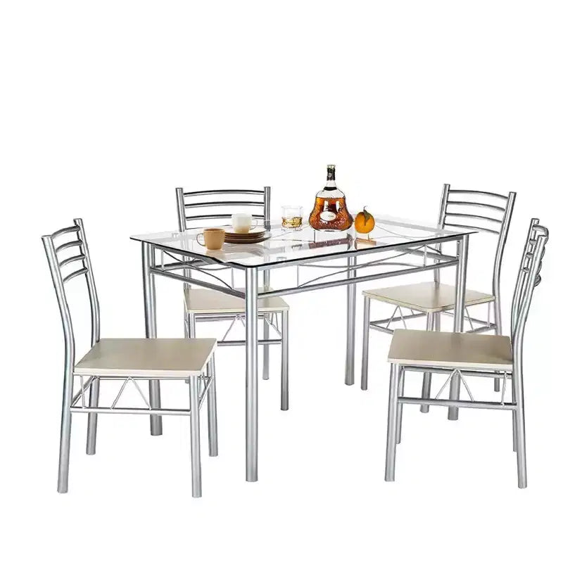 VECELO 5 Piece Dining Table Set with Glass Top Table & 4 Upholstered Chairs, Kitchen Rectangular Table Set Brown/Black
