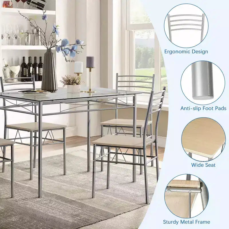 VECELO 5 Piece Dining Table Set with Glass Top Table & 4 Upholstered Chairs, Kitchen Rectangular Table Set Brown/Black