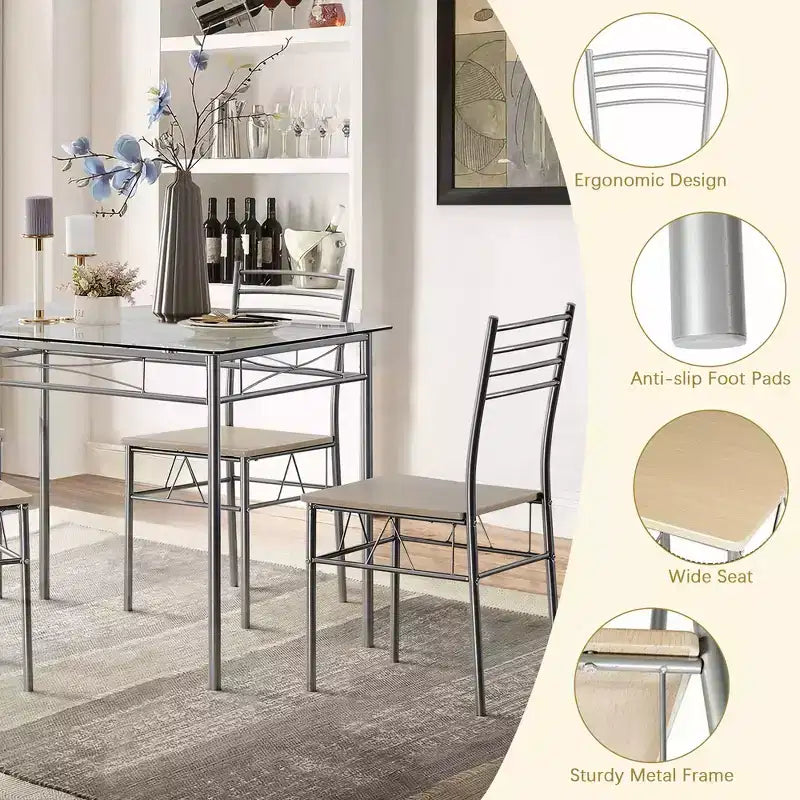 VECELO 5 Piece Dining Table Set with Glass Top Table & 4 Upholstered Chairs, Kitchen Rectangular Table Set Brown/Black