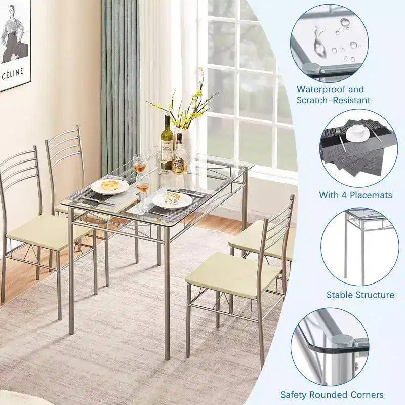 VECELO 5 Piece Dining Table Set with Glass Top Table & 4 Upholstered Chairs, Kitchen Rectangular Table Set Brown/Black
