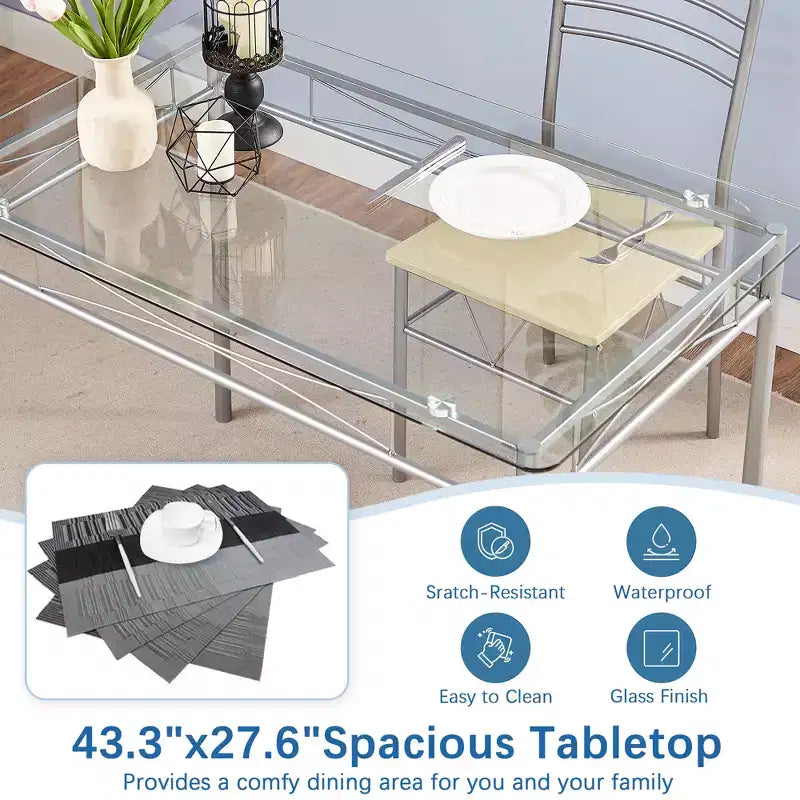 VECELO 5 Piece Dining Table Set with Glass Top Table & 4 Upholstered Chairs, Kitchen Rectangular Table Set Brown/Black