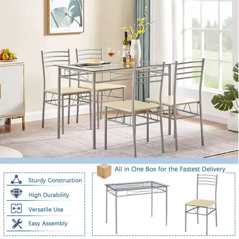 VECELO 5 Piece Dining Table Set with Glass Top Table & 4 Upholstered Chairs, Kitchen Rectangular Table Set Brown/Black