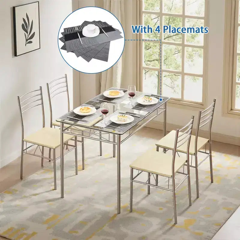 VECELO 5 Piece Dining Table Set with Glass Top Table & 4 Upholstered Chairs, Kitchen Rectangular Table Set Brown/Black
