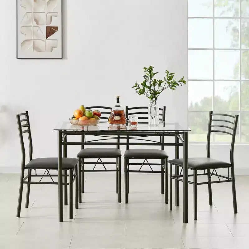VECELO 5 Piece Dining Table Set with Glass Top Table & 4 Upholstered Chairs, Kitchen Rectangular Table Set Brown/Black