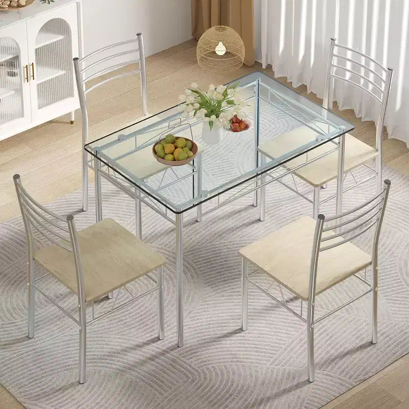 VECELO 5 Piece Dining Table Set with Glass Top Table & 4 Upholstered Chairs, Kitchen Rectangular Table Set Brown/Black