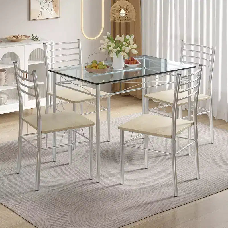 VECELO 5 Piece Dining Table Set with Glass Top Table & 4 Upholstered Chairs, Kitchen Rectangular Table Set Brown/Black