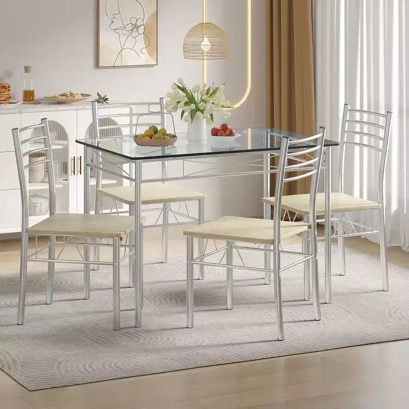 VECELO 5 Piece Dining Table Set with Glass Top Table & 4 Upholstered Chairs, Kitchen Rectangular Table Set Brown/Black