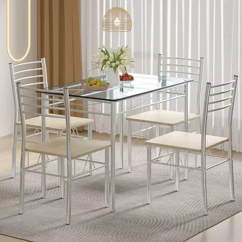 VECELO 5 Piece Dining Table Set with Glass Top Table & 4 Upholstered Chairs, Kitchen Rectangular Table Set Brown/Black