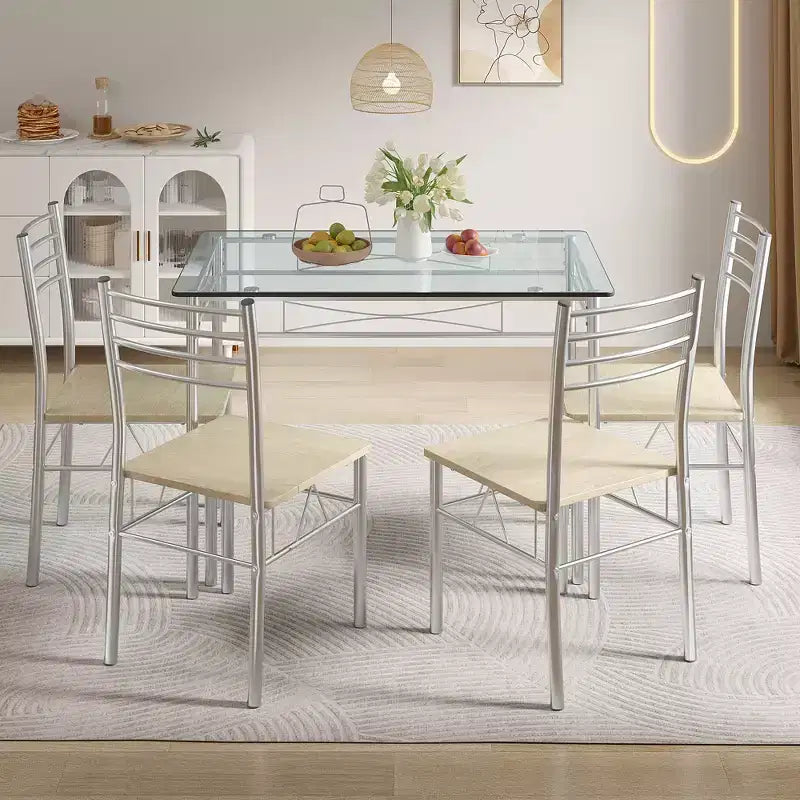 VECELO 5 Piece Dining Table Set with Glass Top Table & 4 Upholstered Chairs, Kitchen Rectangular Table Set Brown/Black