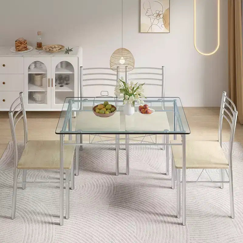 VECELO 5 Piece Dining Table Set with Glass Top Table & 4 Upholstered Chairs, Kitchen Rectangular Table Set Brown/Black