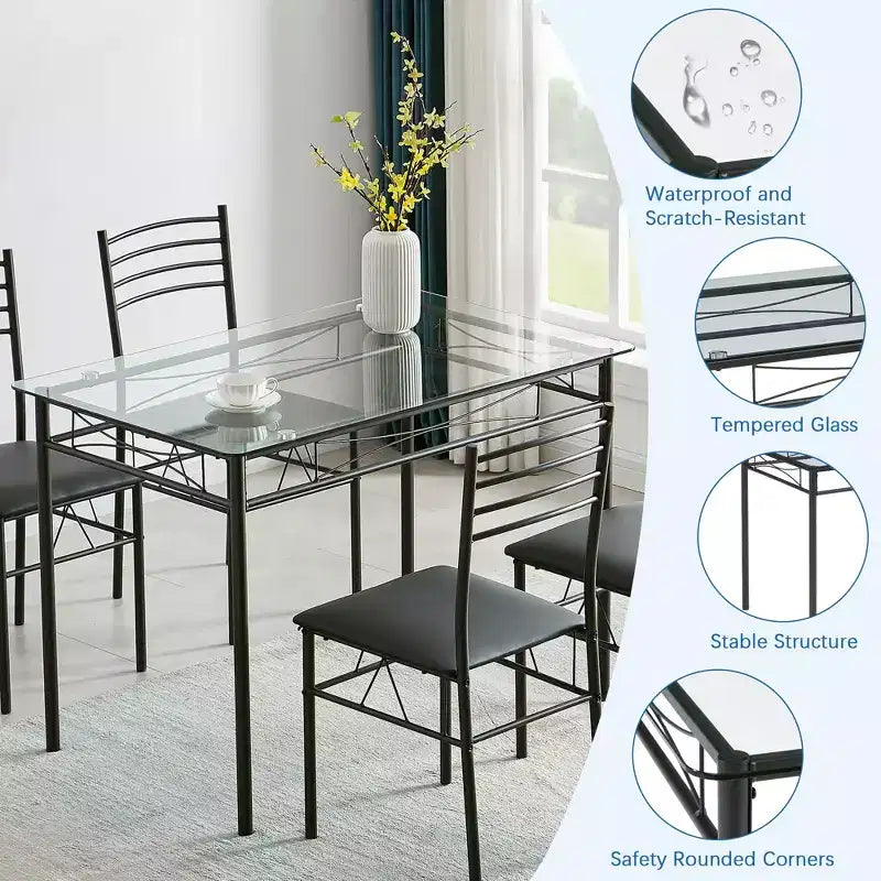 VECELO 5 Piece Dining Table Set with Glass Top Table & 4 Upholstered Chairs, Kitchen Rectangular Table Set Brown/Black