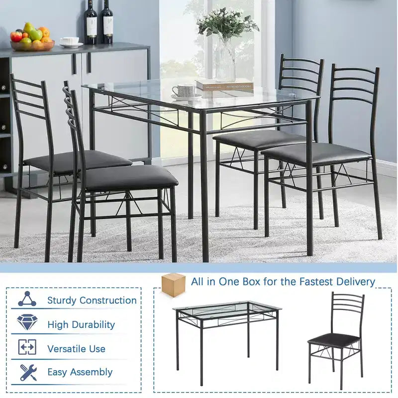 VECELO 5 Piece Dining Table Set with Glass Top Table & 4 Upholstered Chairs, Kitchen Rectangular Table Set Brown/Black