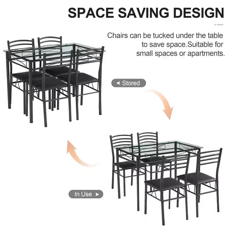 VECELO 5 Piece Dining Table Set with Glass Top Table & 4 Upholstered Chairs, Kitchen Rectangular Table Set Brown/Black