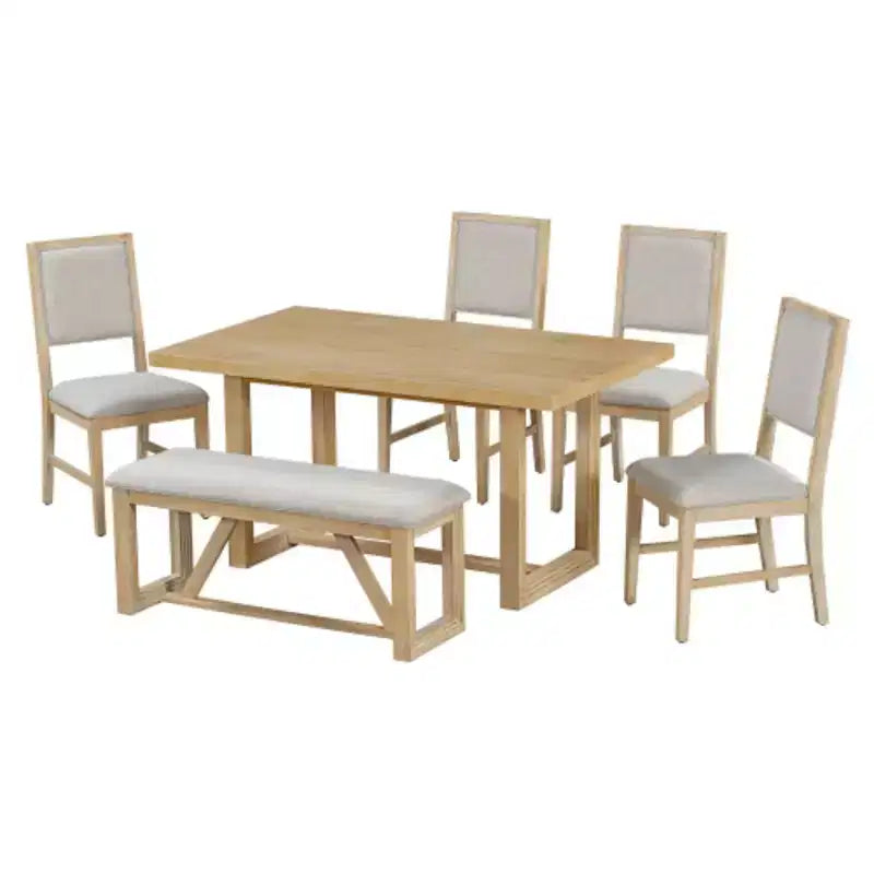 6-Piece Retro Dining Set, 1 Rectangular Table with Designed Trestle Base and 4 Upholstered Chairs and 1 Bench for Dining Room and Kitchen