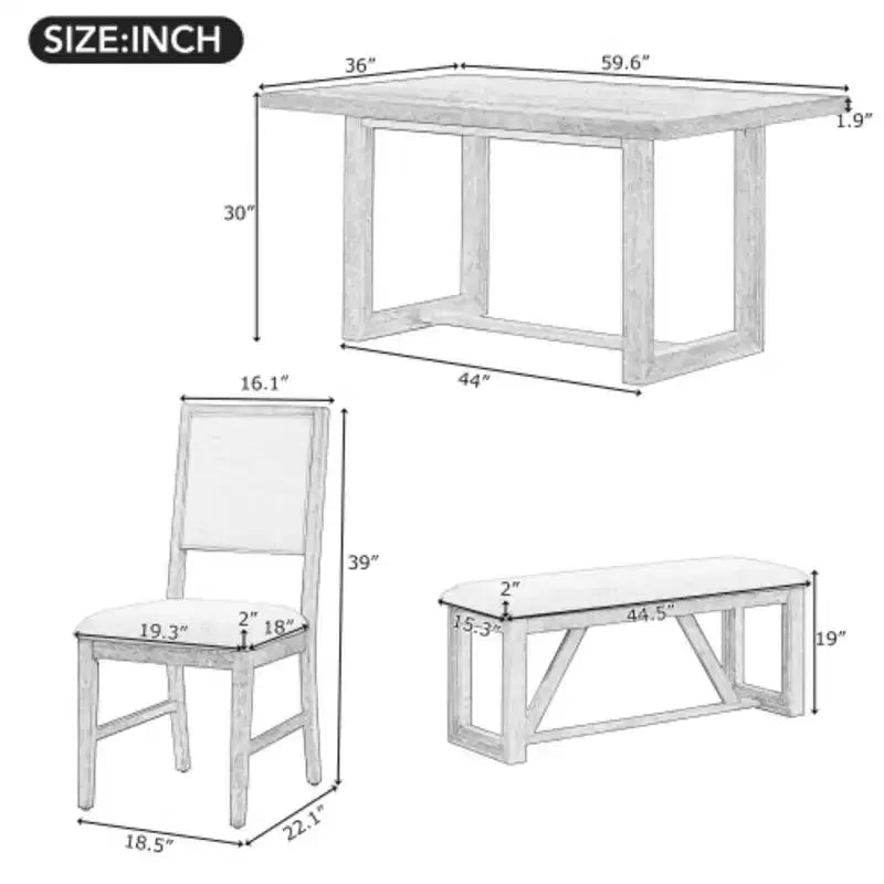 6-Piece Retro Dining Set, 1 Rectangular Table with Designed Trestle Base and 4 Upholstered Chairs and 1 Bench for Dining Room and Kitchen