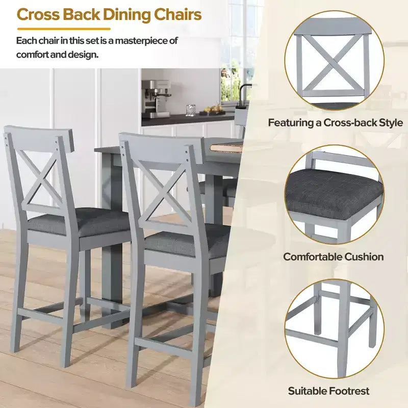 5 Piece Farmhouse Counter Height Dining Table Set Dining Set with 4 Upholstered Dining Chairs and 3-Tier Storage Shelves,Gray/Natural+White-ModernLuxe