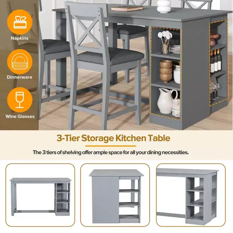5 Piece Farmhouse Counter Height Dining Table Set Dining Set with 4 Upholstered Dining Chairs and 3-Tier Storage Shelves,Gray/Natural+White-ModernLuxe