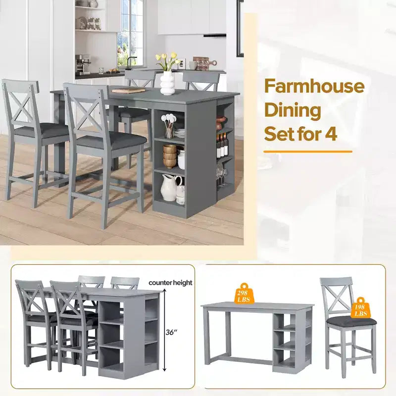 5 Piece Farmhouse Counter Height Dining Table Set Dining Set with 4 Upholstered Dining Chairs and 3-Tier Storage Shelves,Gray/Natural+White-ModernLuxe