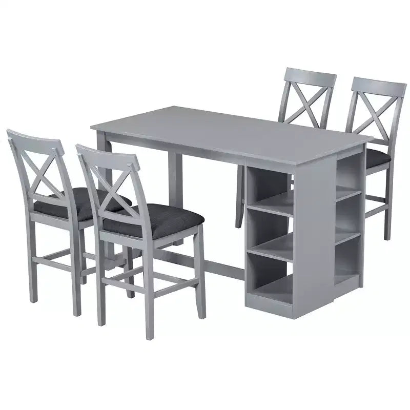 5 Piece Farmhouse Counter Height Dining Table Set Dining Set with 4 Upholstered Dining Chairs and 3-Tier Storage Shelves,Gray/Natural+White-ModernLuxe