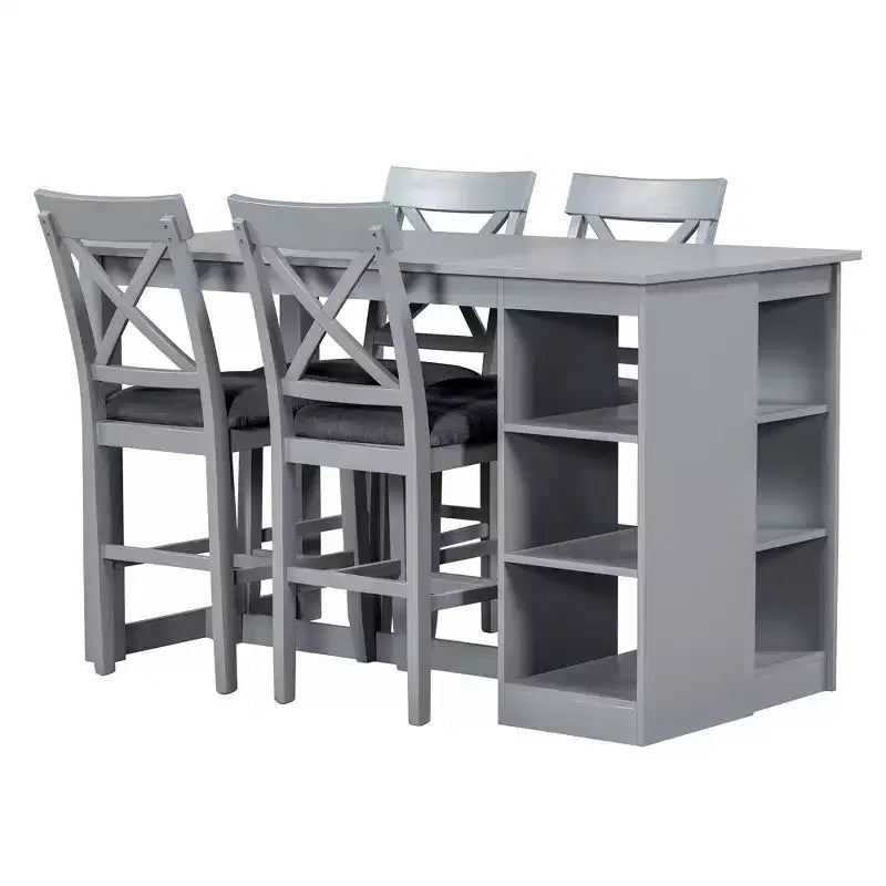 5 Piece Farmhouse Counter Height Dining Table Set Dining Set with 4 Upholstered Dining Chairs and 3-Tier Storage Shelves,Gray/Natural+White-ModernLuxe