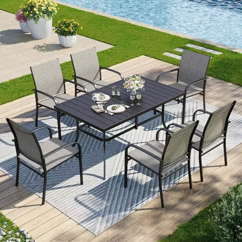Captiva Designs 7pc Patio Dining Set with Slat-top Rectangle Table & Sling Fixed Dining Chairs