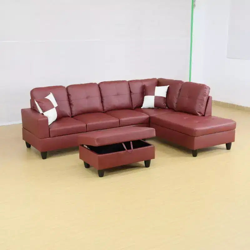 Elegant Red Semi-PU Leather Sectional Sofa - L-Shaped Design, Plush Cushions, Storage Ottoman, Modern Living Room Furniture