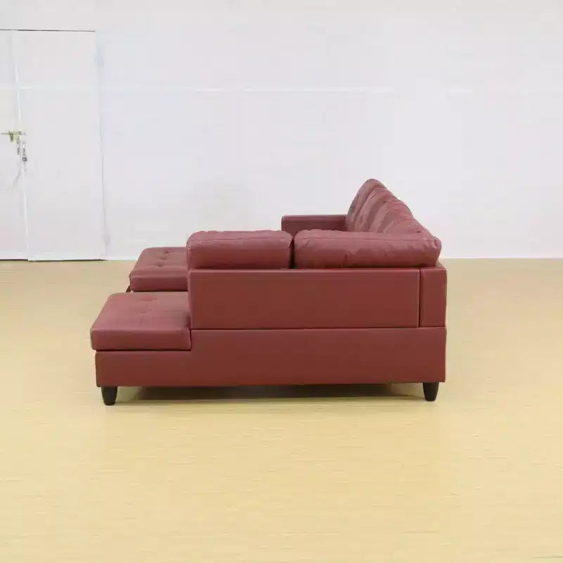 Elegant Red Semi-PU Leather Sectional Sofa - L-Shaped Design, Plush Cushions, Storage Ottoman, Modern Living Room Furniture