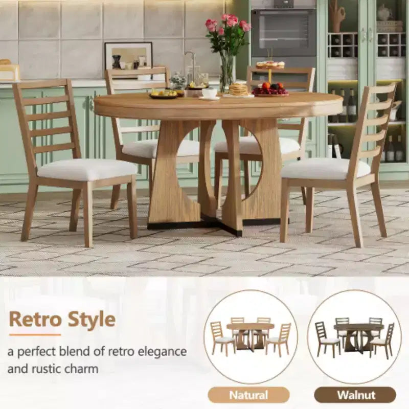 5-Piece Retro Rustic Dining Ensemble, Unique Geometric Table with 16-inch Extension Leaf and 4 Cushioned Chairs