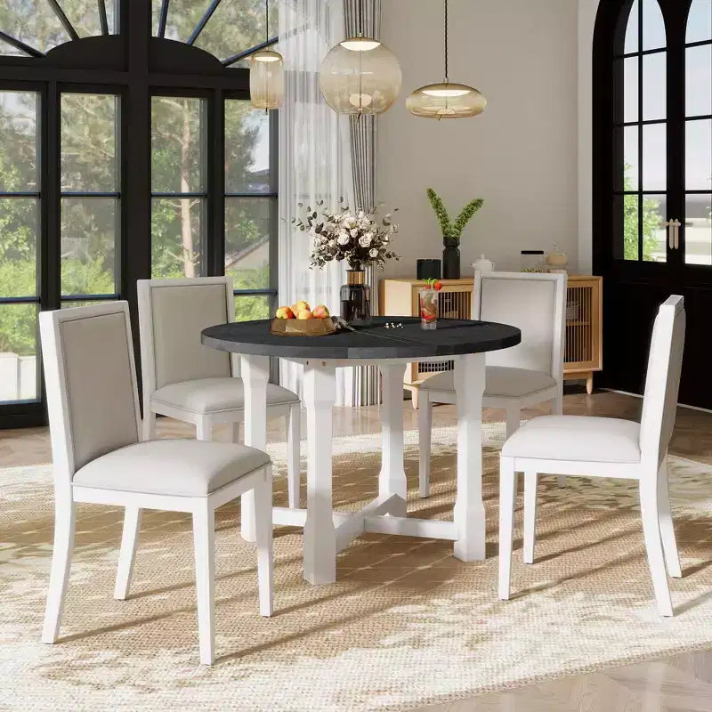 Merax Farmhouse Style Kitchen Table with Removable Leaf & Upholstered Chairs